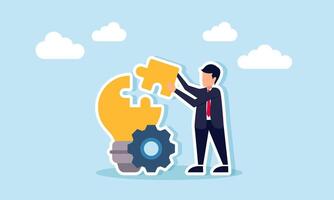 Businessman carries a puzzle piece to complete a light bulb with a gear in front of it, illustration of completing existing business ideas and innovations vector