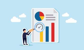 Businessman holding a magnifying glass with a speedometer symbol pointing at a paper with pie chart and graph, illustration of company business performance analisa vector