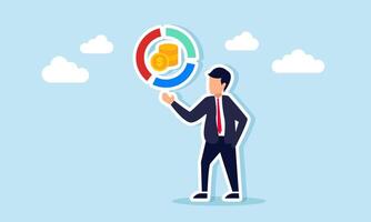 Businessman seemingly presenting a circle chart with a stack of dollar coins in the center, illustration of presenting business profit and revenue classification vector