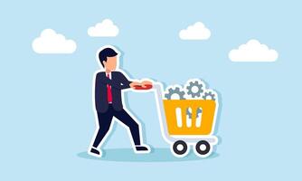 A businessman pushes a shopping cart filled with gears, illustration of efforts in maintaining and supporting business system operations vector