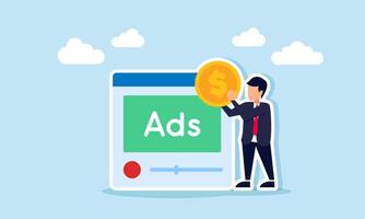 Businessman holding a dollar coin in front of an app interface labeled ADS, illustration of profit from optimizing business advertising placements vector