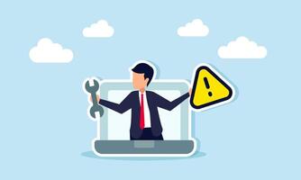 A businessman emerging from a laptop carrying an engine key and a warning sign, illustration of business maintenance system vector