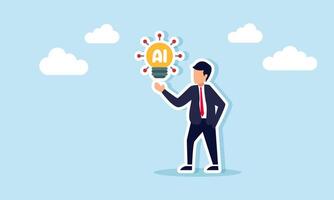Businessman shows a light bulb labeled AI with small light ornaments, illustration of presenting business ideas and innovations using AI vector