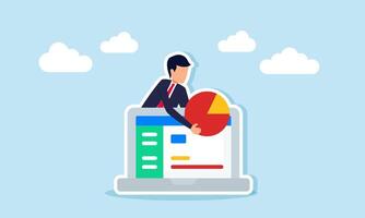 Businessman taking a pie chart from a monitor layer behind a laptop screen, illustration of organizing business performance reports vector