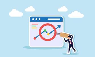 Businessman holding a magnifying glass analyzing a line chart on an app interface, illustration of business evaluation and analisa related to improving performance vector