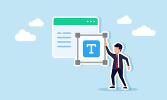 Businessman standing next to the letter T symbol in front of an app interface, illustration of designing and creating a business application interface vector