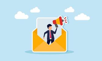 Businessman speaking through a megaphone inside a document envelope, illustration of marketing strategy using business mail vector