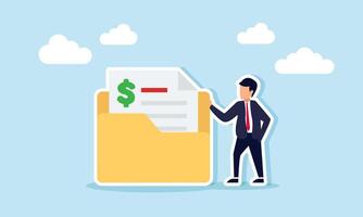 A businessman stands next to a folder containing financial documents, illustration of financial document archive in a business company vector