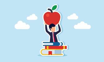 Businessman lifting an apple from behind a stack of books, illustration of completing a business project report vector
