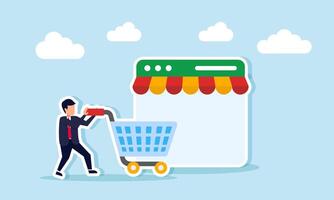 A businessman pushes a shopping cart toward an app platform interface with a store canopy, illustration of time to shop through a marketplace website vector