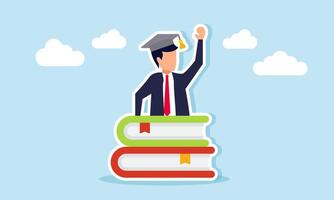 Businessman wearing a graduation cap emerging from a stack of books, illustration of completing business research and business report vector