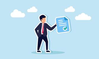 A businessman carries a document labeled with a check mark, illustration of a verified business company document vector