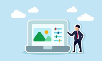 A businessman stands next to a laptop displaying an image with adjust tools, illustration of poster design for business promotion purposes vector