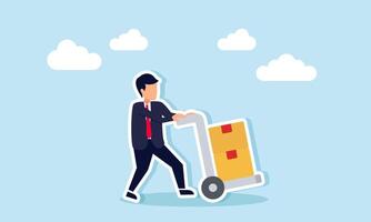 A businessman pushes a stack of package boxes using a hand trolley, illustration of business in the logistic sector vector