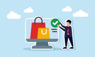 A businessman holding a check mark sign standing beside a monitor displaying a shopping bag, illustration of a verified marketplace vector