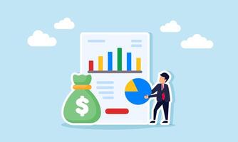 Businessman holding a pie chart in front of a chart report and a money sack, illustration of organizing business financial performance reports vector