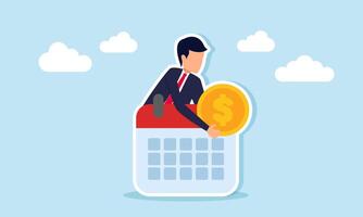 Businessman appears from behind a calendar schedule holding a dollar coin, illustration of investment scheduling at the right time vector