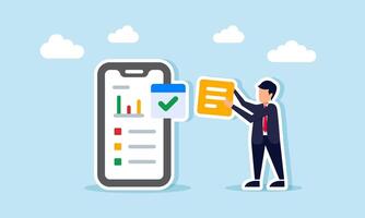 A businessman carries a part to complete a project report in the form of a chart, illustration of arranging or creating a digital-based project report vector