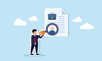 A businessman holds a magnifying glass observing a person icon on a document labeled with a briefcase, illustration of employee candidate evaluation and analisa vector