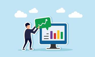 Businessman holding a rising chart sign near a monitor with graph, illustration of giving notes on positive business performance vector