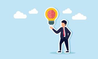 Businessman showing a light bulb labeled with a brain, illustration of thinking about ideas relevant to business vector