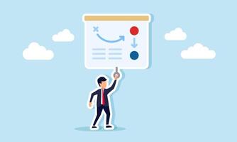 Businessman pulling down a projector screen showing a scheme and strategy, illustration of a presentation about business performance strategy vector