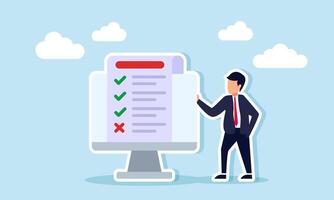 A businessman stands next to a monitor showing a checklist with check and uncheck marks, illustration of task list or product approval and rejection vector