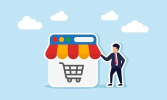 A businessman standing beside an app platform interface with a store canopy ornament and a shopping cart sign, illustration of marketplace business vector