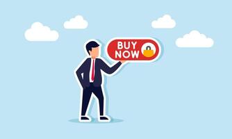 A businessman showing a sign that says BUY NOW, illustration of a notification related to an urgent call to purchase vector