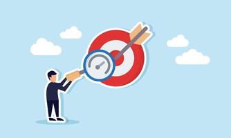 Businessman observes a target board using a magnifying glass labeled with a speedometer, illustration of performance evaluation and business target analisa vector