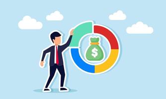 Businessman taking a part of a circle chart with a money sack in the center, illustration of preparing business performance reports by classification vector