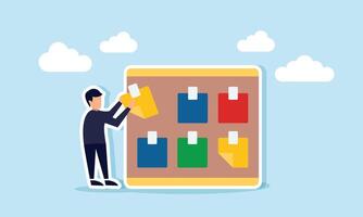 Businessman trying to stick a note on a board, illustration of important notes or footnotes as reminders for key things in business or daily activities vector