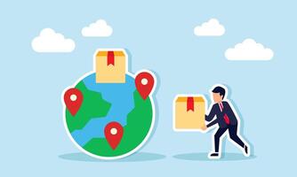 A businessman carries a package box toward a globe with a location pin and package icon, illustration of international or global scale logistic business vector