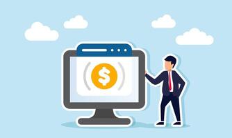 A businessman stands next to a monitor showing an app interface with a dollar coin, illustration of online payment system integrated digitally vector