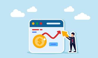 A businessman holds a cursor and stands beside an app interface displaying a dollar coin and line chart, illustration of digital data-based financial report vector