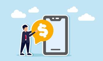 A businessman stands beside a smartphone holding a chat dialog with a dollar sign, illustration of discussing the benefits of business digitalization vector