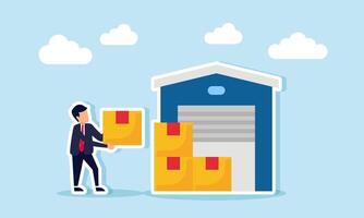 A businessman carries a package box to be placed on a stack of boxes in front of a factory warehouse, illustration of business in the logistics sector vector