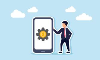 A businessman stands next to a smartphone displaying a gear icon and dollar coin, illustration of maintenance system for digital banking or money app vector