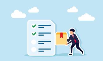 A businessman carries a package box toward a document paper with a list of checked and unchecked items, illustration of package delivery sorting process vector