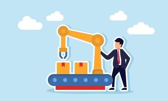 A businessman stands next to a sorting and distribution machine, illustration of automation system in logistics sorting and distribution work vector