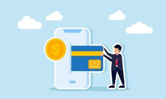 A businessman pulls a debit or credit card from a smartphone screen marked with a dollar coin, illustration of cashless payment system vector