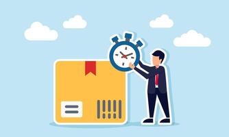 A businessman holds a stopwatch while standing next to a package box, illustration of delivery deadline in logistics shipping vector