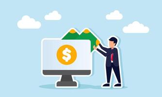 A businessman pulls out money from a monitor screen showing a dollar sign, illustration of online and digital payment system vector