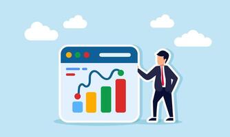 A businessman stands next to an app platform interface showing a chart graph, illustration of digital-based data monitoring and evaluation for business performance vector