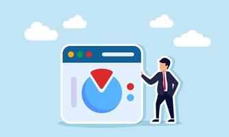 A businessman stands next to an app platform interface showing a pie chart, illustration of monitoring and evaluating business financial performance with digital data vector