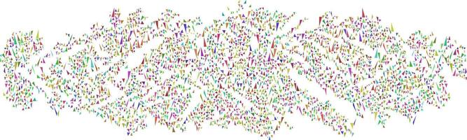 A dense scatter of tiny, multicolored triangles arranged in a wavy, abstract pattern on a white background, giving a dynamic and energetic visual effect. vector