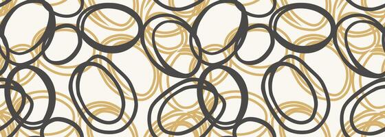 Seamless pattern with abstract hand drawn circles in black and gold on a light background. The overlapping rings create a modern, artistic, and dynamic composition vector
