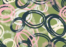 Playful seamless pattern with hand drawn overlapping circles in white, pink and black on a green background. Textured details add depth, ideal for modern designs, textiles, and branding vector