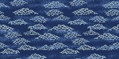 Seamless pattern with stylized hand drawn clouds in an Asian inspired design. Blue curved line clouds on a deep background with a subtle textured effect. Ideal for textiles, wallpaper, prints vector