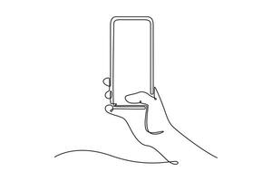 hands using smartphone. Calculator, Smartphone, Laptop concept. Single line draw design. graphic illustration vector